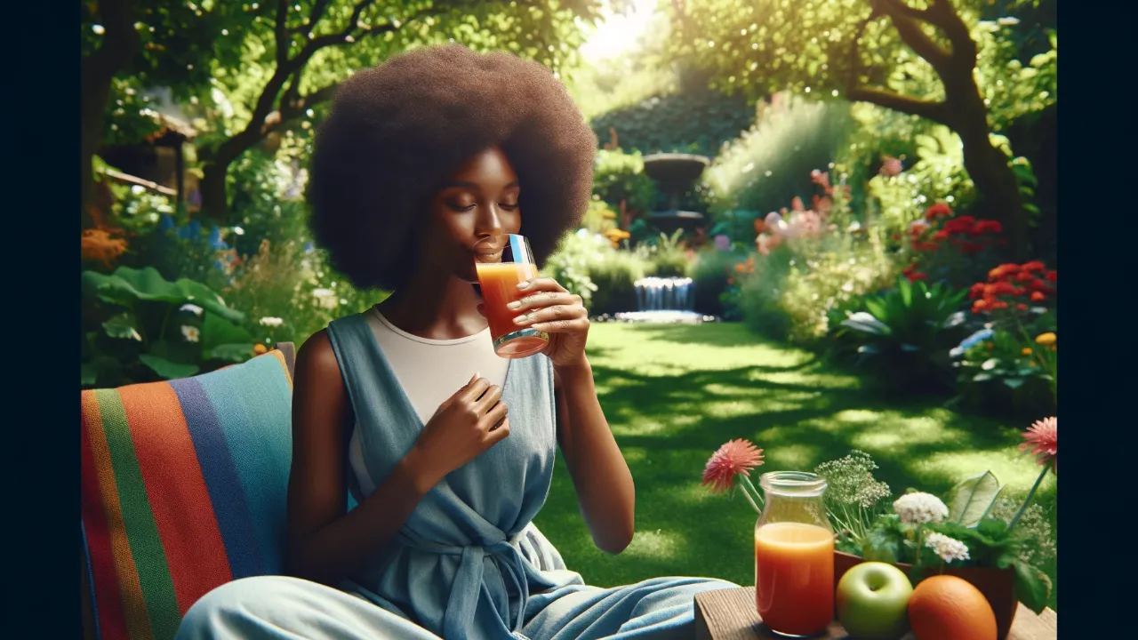 a person enjoying a glass of juice outdoors